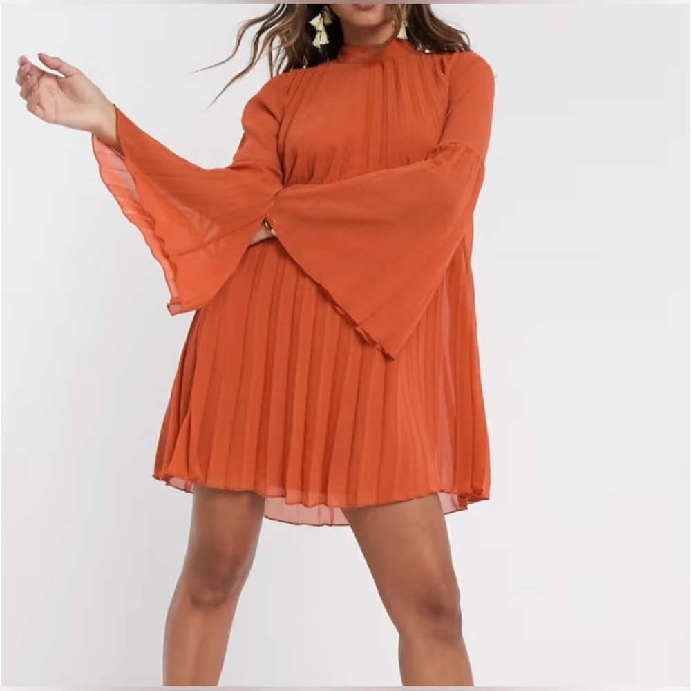 ASOS Design Burnt Orange Accordian Bell Sleeve Pleated Dress, Size 36
